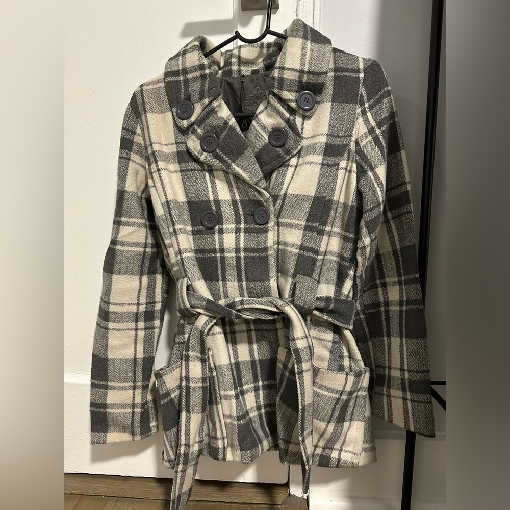 White and gray plaid peacoat by Jou Jou